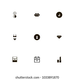icon set Woman with dress, mirror, diamond and eight