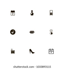 icon set Woman with female sign, manicure, lipstick and nails