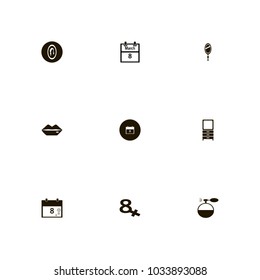 icon set Woman with hand mirror, lips, data and march