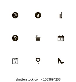 icon set Woman with jewelry, woman's day, eight and mirror on the nightstand