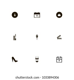 icon set Woman with manicure, makeup, data and merch