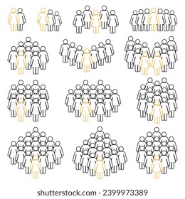 Icon set, woman silhouette, crowd symbol.