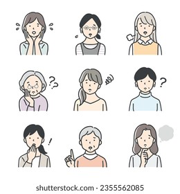 Icon set of women of various ages with negative facial expressions.