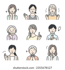 Icon set of women of various ages with positive facial expressions.