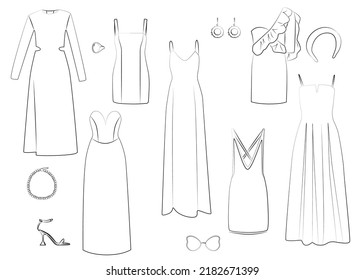 Icon set of women's dresses and accessories. Dresses fashion line, linear isolated vector illustration on white background