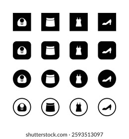 Icon set, women's fashion, clothing items, accessories, minimalist design, black and white, square, circular, handbag, skirt, dress icon, high heel icon, simplified silhouettes.