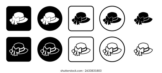 Icon set of women's hat symbol. Filled, outline, black and white icons set, flat style.  Vector illustration on white background
