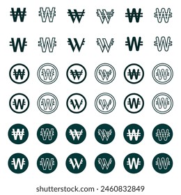 Icon-Set von Won Currency, Südkorea, einfaches Design mit Umriss und solidem Stil, für geschäftliche und grafische Anforderungen. Vektorgrafik EPS 10 editierbar.