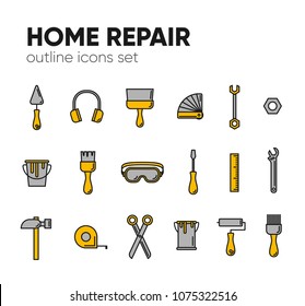 Icon set of working tools for construction, building and home repair. Vector illustration. Elements for design. Hand work tools collection.