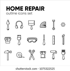 Icon set of working tools for construction, building and home repair. Vector illustration. Elements for design. Hand work tools collection.