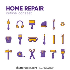 Icon set of working tools for construction, building and home repair. Vector illustration. Elements for design. Hand work tools collection.