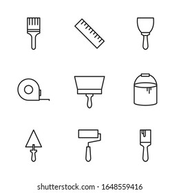 Icon set of working tools for construction, painting, restoration.  Vector symbols trowel, brush, tape measure in linear style.