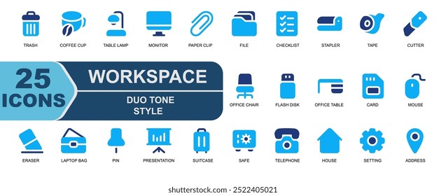 ícone definir local de trabalho .duo tom style.blue icon.solid icon vetor illustration.laptop bag,office bag,pin,push pin,presentation,report,suitcase.
