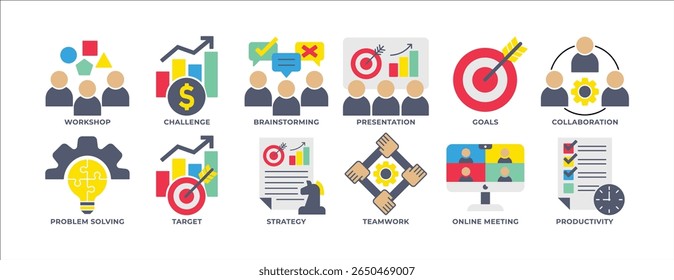 ICON SET WORKSHOP, BRAIN STORMING, PRESENTATION, PROBLEM SOLVING, TARGET, STRATEGY, TEAMWORK AND MORE. ICON FOR APP, WEBSITE, PRESENTAITON ETC. ICON IN FLAT STYLE.