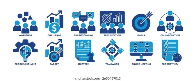 TALLER DE CONJUNTO DE ICONOS, LLUVIA DE CEREBROS, PRESENTACIÓN, RESOLUCIÓN DE PROBLEMAS, OBJETIVO, ESTRATEGIA, TRABAJO EN EQUIPO Y MÁS. ICONO PARA APP, SITIO WEB, PRESENTACIÓN, ETC. ICONO EN ESTILO AZUL.