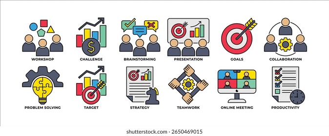 ICON SET WORKSHOP, BRAIN STORMING, PRESENTATION, PROBLEM SOLVING, TARGET, STRATEGY, TEAMWORK AND MORE. ICON FOR APP, WEBSITE, PRESENTAITON ETC. ICON IN LINE COLOR STYLE.