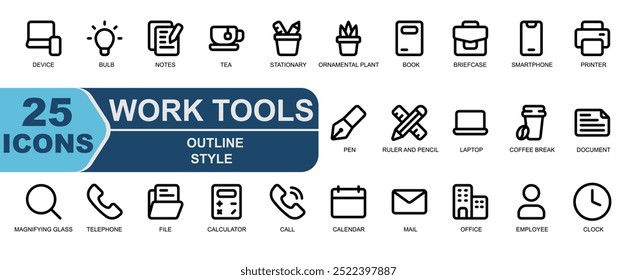 Conjunto de iconos Worktools.Outline Style.Contiene dispositivo, computadora portátil, teléfono, idea, bombilla, notas, minutos, té, té de descanso, planta estacionaria, ornamental, libro. Adecuado para interfaz de usuario.
