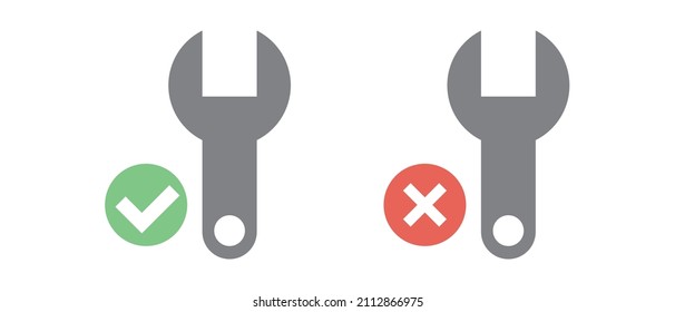 Icon set of wrench with check mark and wrench with cross mark.