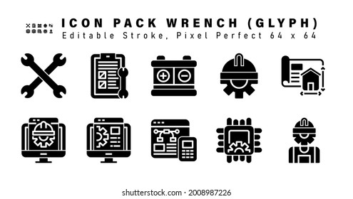 Icon Set of Wrench Glyph Icons. Contains such Icons as Blueprint, Computer, Config, Design etc. Editable Stroke. 64 x 64 Pixel Perfect