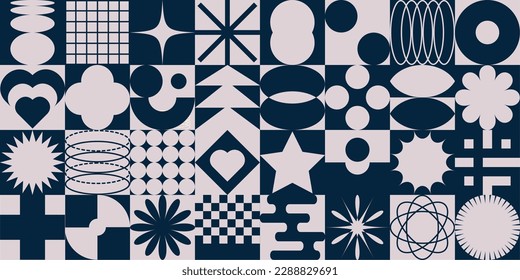 Icon set of Y2K retro elements and brutalism abstract shapes. Hipster graphic objects for logo, icon, web design, patern. Vector illustration in modern style.