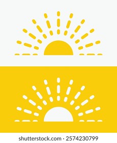 icon set Yellow half sun , including shining rays, sunset designs, solar energy, and star-inspired illustrations. Perfect for representing warmth, tanning, and bright energy.