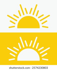 icon set Yellow half sun , including shining rays, sunset designs, solar energy, and star-inspired illustrations. Perfect for representing warmth, tanning, and bright energy.