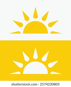 icon set Yellow half sun , including shining rays, sunset designs, solar energy, and star-inspired illustrations. Perfect for representing warmth, tanning, and bright energy.