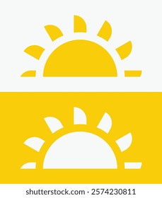 icon set Yellow half sun , including shining rays, sunset designs, solar energy, and star-inspired illustrations. Perfect for representing warmth, tanning, and bright energy.