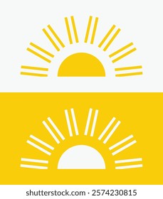 icon set Yellow half sun , including shining rays, sunset designs, solar energy, and star-inspired illustrations. Perfect for representing warmth, tanning, and bright energy.