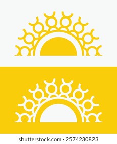 icon set Yellow half sun , including shining rays, sunset designs, solar energy, and star-inspired illustrations. Perfect for representing warmth, tanning, and bright energy.