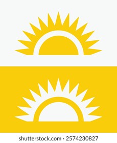 icon set Yellow half sun , including shining rays, sunset designs, solar energy, and star-inspired illustrations. Perfect for representing warmth, tanning, and bright energy.