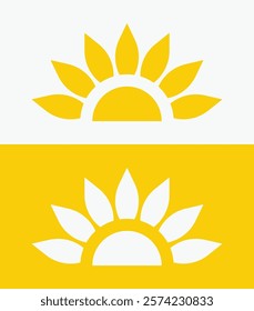 icon set Yellow half sun , including shining rays, sunset designs, solar energy, and star-inspired illustrations. Perfect for representing warmth, tanning, and bright energy.