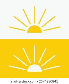 icon set Yellow half sun , including shining rays, sunset designs, solar energy, and star-inspired illustrations. Perfect for representing warmth, tanning, and bright energy.