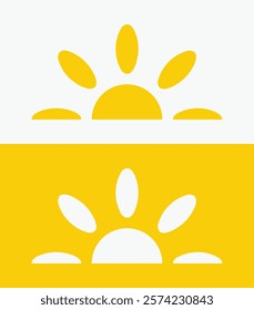 icon set Yellow half sun , including shining rays, sunset designs, solar energy, and star-inspired illustrations. Perfect for representing warmth, tanning, and bright energy.