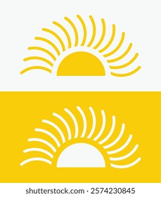 icon set Yellow half sun , including shining rays, sunset designs, solar energy, and star-inspired illustrations. Perfect for representing warmth, tanning, and bright energy.