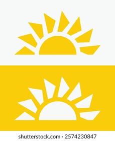 icon set Yellow half sun , including shining rays, sunset designs, solar energy, and star-inspired illustrations. Perfect for representing warmth, tanning, and bright energy.