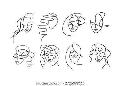 Icon set of a young woman's face. Beauty salon logos featuring beautiful portraits of women with perfect hairstyles. Facial features, avatar.