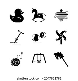 Icon set of yoyo, hand mill, swing, oak, duck, rocking horse and swivel toy and more. Fun and game icon. Child toy set. Editable row set. Silhouette icon set.