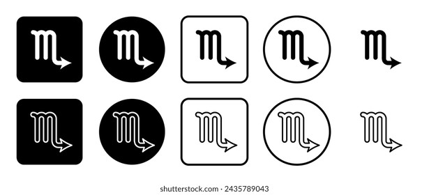 Icon set of zodiac scorpio symbol. Filled, outline, black and white icons set, flat style.  Vector illustration on white background