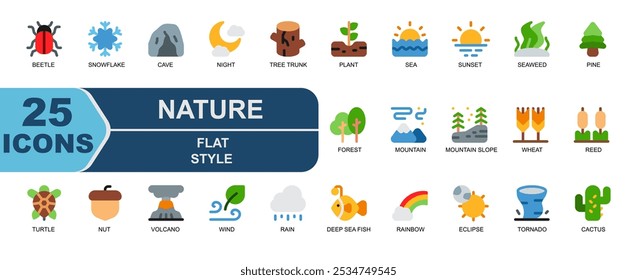 conjunto de iconos, plano, simple, icono, Vector, ilustración, naturaleza, animal, salvaje, escarabajo, insecto, nieve, copo de nieve, cueva, luna, noche, tronco de árbol, planta, vegetación, mar, puesta de sol, algas marinas, pino, árbol, bosque.