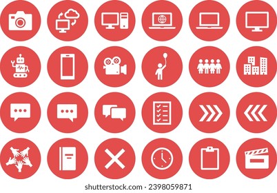 The icon sets contains 24 white icons in red circles