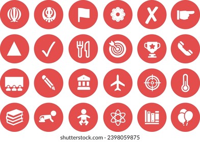 The icon sets contains 24 white icons in red circles