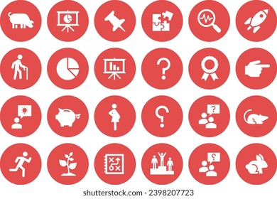 Los conjuntos de iconos contienen 24 iconos blancos en círculos rojos