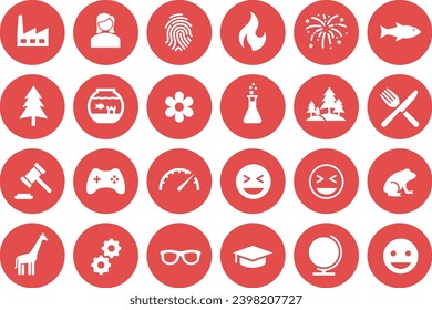The icon sets contains 24 white icons in red circles
