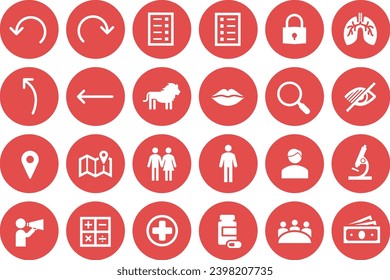 The icon sets contains 24 white icons in red circles