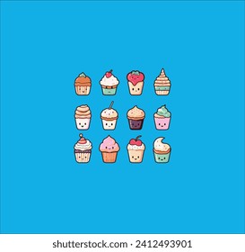 icon sets of cupcake with blue background 