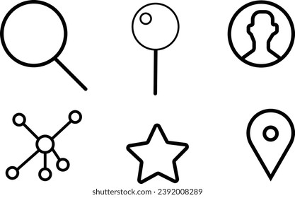 Symbolsätze für Suche, Pinselspitze, Benutzer, Platzhalter und Netzwerk-Symbol mit weißer Vektorgrafik.