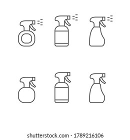 Icon sets of spray bottle or atomizer with cleaning liquid. 