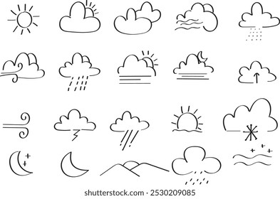 ícone define o tempo com desenho à mão, simples, minimalista, chuvoso, nuvens, vento, nublado