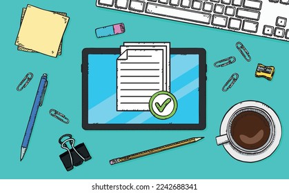 Icon of several documents with green checkmark showing on tablet screen. A passed test or survey. Hand-drawn vector illustration.